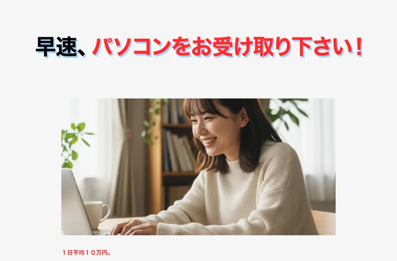 ADVANCEの広告。「早速、パソコンをお受け取り下さい」と受け取りを急かしている