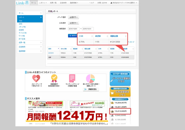 アフィラボの広告で井口大輝が業界大手ASPのLink-Aの報酬ランキングで3位を獲得し月間報酬1241万円と表示された実績画面