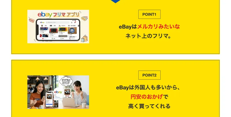AI輸出の広告のPOINT説明。eBayはメルカリみたいなネット上のフリマで、外国人が円安のおかげで高く買ってくれると書かれている