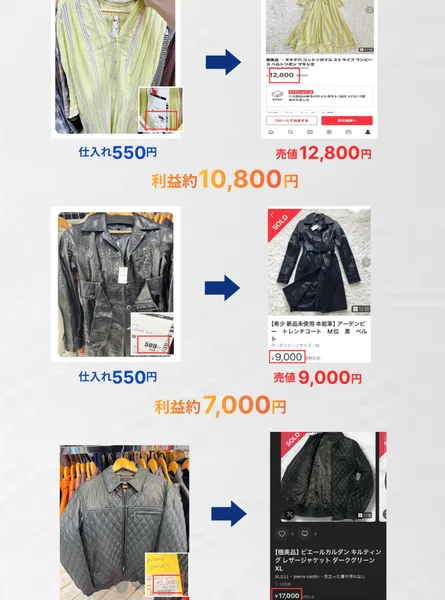 メルカリ物販で月30万円の収入の柱を作りませんかと呼びかけ、古着やブランド品の仕入れ値と売値を並べた広告画面