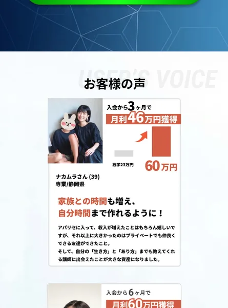 入会から3ヶ月で月利46万円、6ヶ月で月利60万円などと書かれたアパリセ受講生の成果を紹介する広告画面