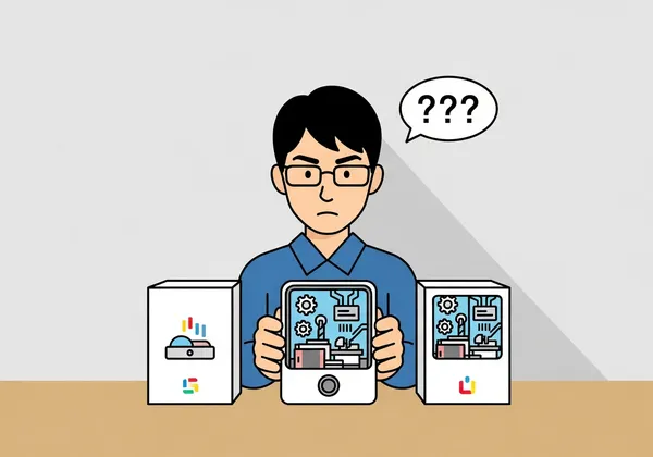 ATOM8の広告にある、仕組みを理解できず「？？？」と困っている人物のイラスト