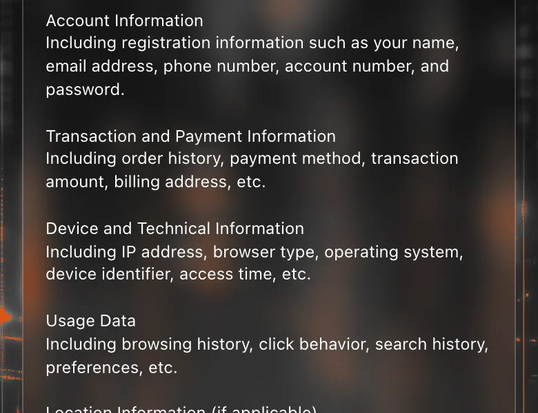 ATRの規約に記載された、収集する情報の一覧。「Account Information（氏名、メールアドレス、電話番号、アカウント番号、パスワード）」「Transaction and Payment Information（注文履歴、支払い方法、取引金額、請求先住所）」「Device and Technical Information」「Usage Data」などが並ぶ