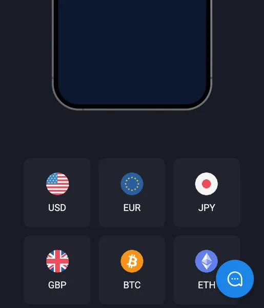 ババオプションの取引画面。USDやEUR、JPY、BTCなど複数の通貨ペアが選べるスマホアプリの画面