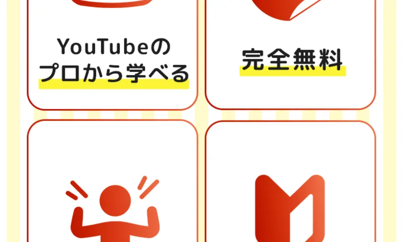 ボブのYouTube講座が掲げる6つの特徴。YouTubeのプロから学べる・完全無料などと書かれている
