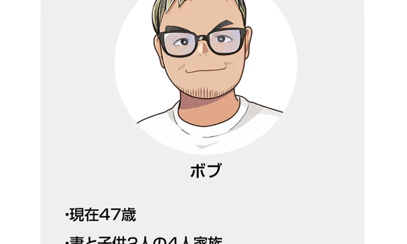 講師として紹介されているボブ。実写の写真ではなくイラストの似顔絵で、現在47歳などと書かれている