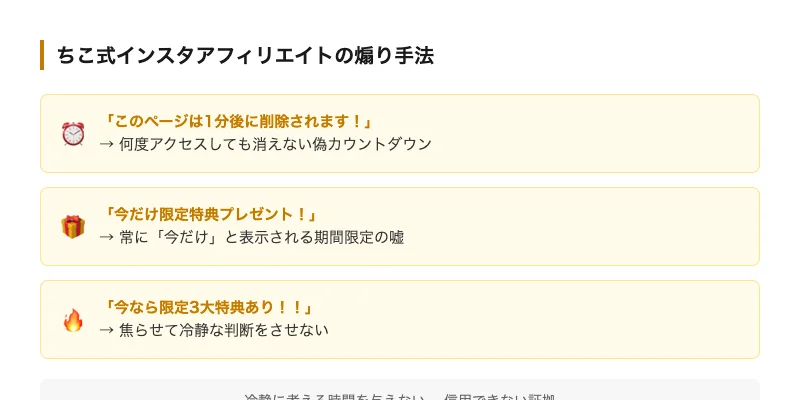 ちこ式インスタアフィリエイトの煽り手法をまとめたインフォグラフィック