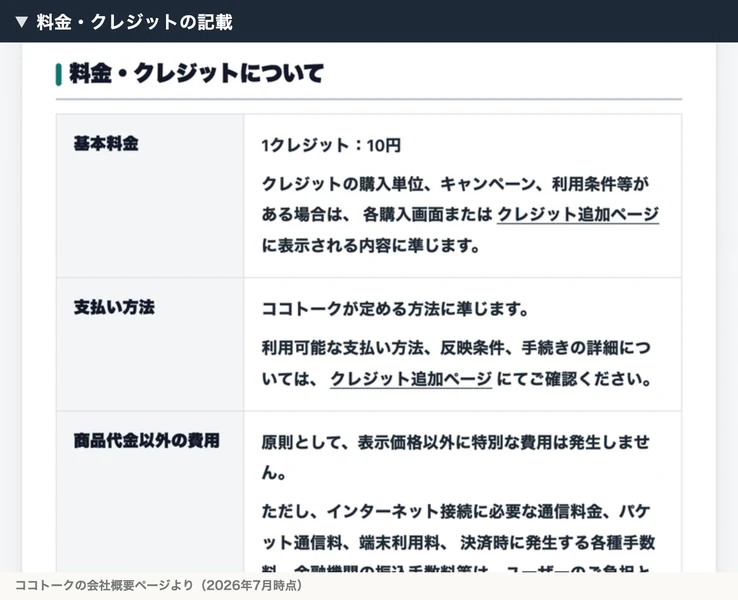 基本料金は1クレジット10円と書かれたココトークの料金の記載