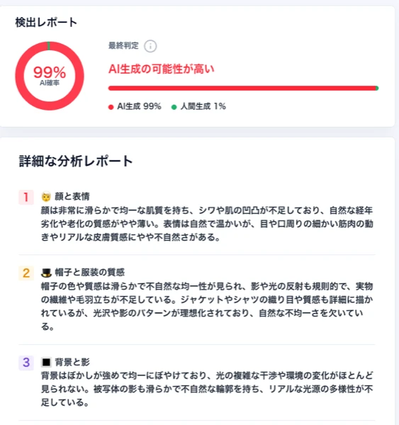 吉川せいの顔写真をAI画像判定ツールで検出した結果、AI確率99%・最終判定はAI生成の可能性が高いと表示されているレポート