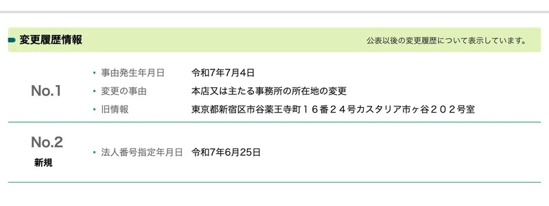 国税庁法人番号公表サイトの変更履歴情報。令和7年7月4日に本店所在地を変更、法人番号指定年月日は令和7年6月25日と表示されている