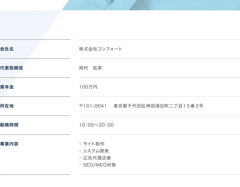 株式会社コンフォートの会社概要。代表取締役は岡村拓実、資本金100万円、事業内容はサイト制作・システム開発・広告代理店業・SEO/MEO対策と記載されている