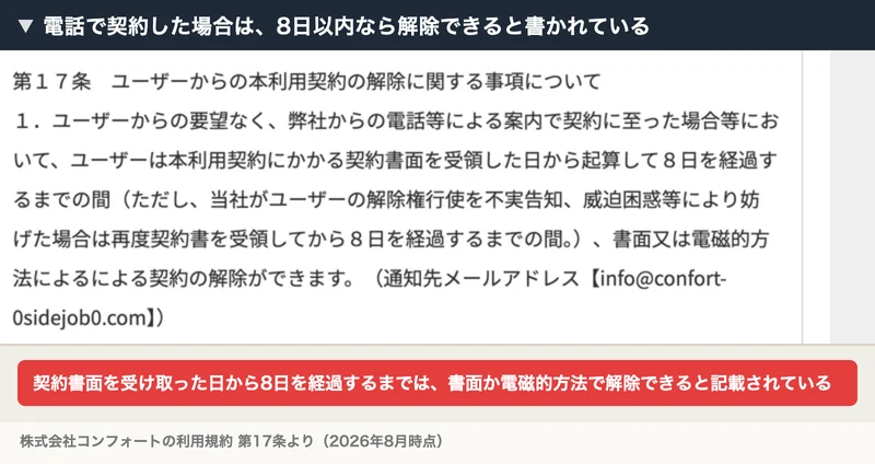 利用規約第17条。契約書面を受け取った日から8日を経過するまでの間、書面か電磁的方法で契約の解除ができると記載されている