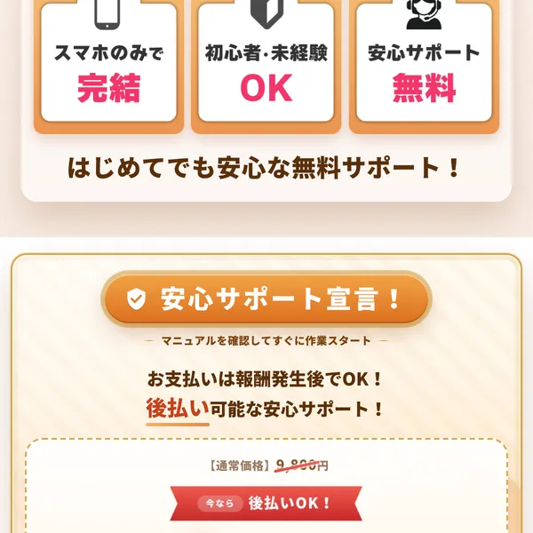 株式会社DAIS&Coの特徴。「スマホのみで完結」「初心者・未経験OK」「安心サポート無料」と並び、その下に後払いOKの案内がある