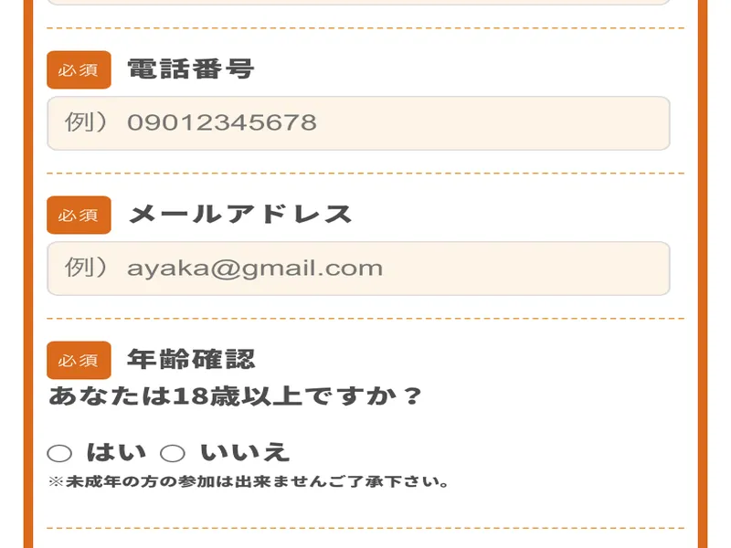 株式会社DAIS&Coの申し込みフォーム続き。電話番号、メールアドレス、18歳以上かの年齢確認の入力欄が表示されている