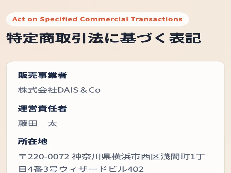 株式会社DAIS&Coの特定商取引法に基づく表記。販売事業者「株式会社DAIS＆Co」、運営責任者「藤田 太」、所在地が横浜市西区と記載されている