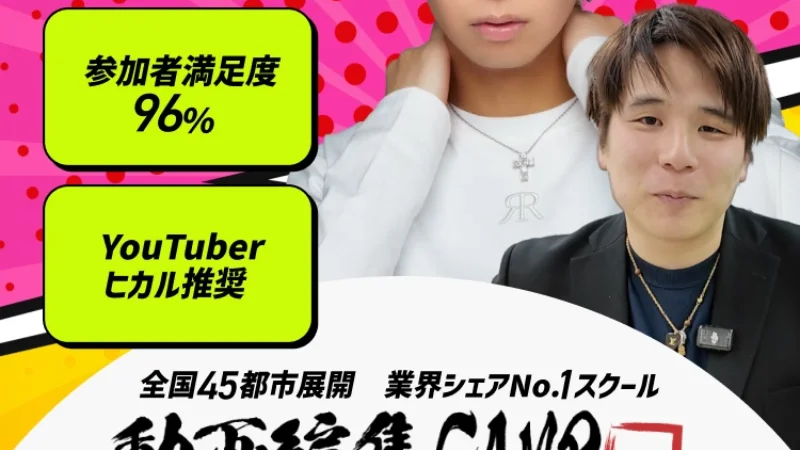 動画編集CAMPの広告ページにあるバッジ。参加者満足度96%とYouTuberヒカル推奨の文字が並んでいる