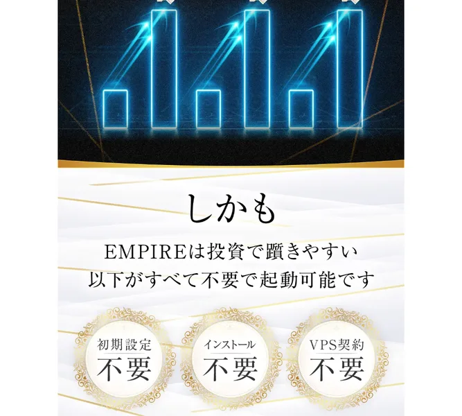 EMPIREは初期設定不要・インストール不要・VPS契約不要で起動できると書かれた広告画面