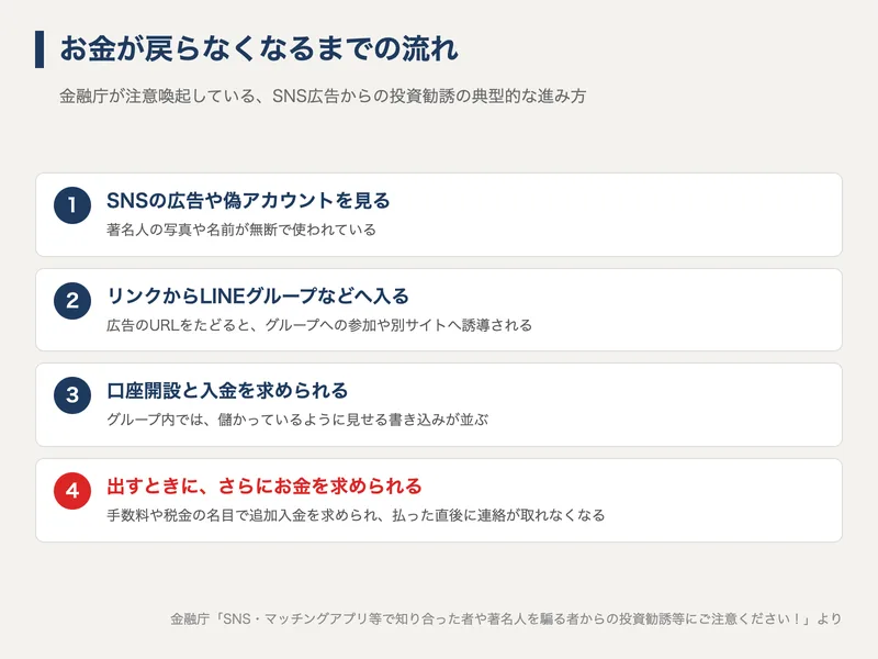 お金が戻らなくなるまでの流れの図解。SNS広告からLINEグループへ誘導され口座開設と入金を求められたあと、出金時にさらに手数料や税金名目の入金を要求される4段階