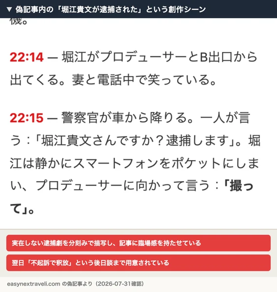 偽記事内の「堀江貴文が逮捕された」という創作シーン。実在しない逮捕劇を分刻みで描写している