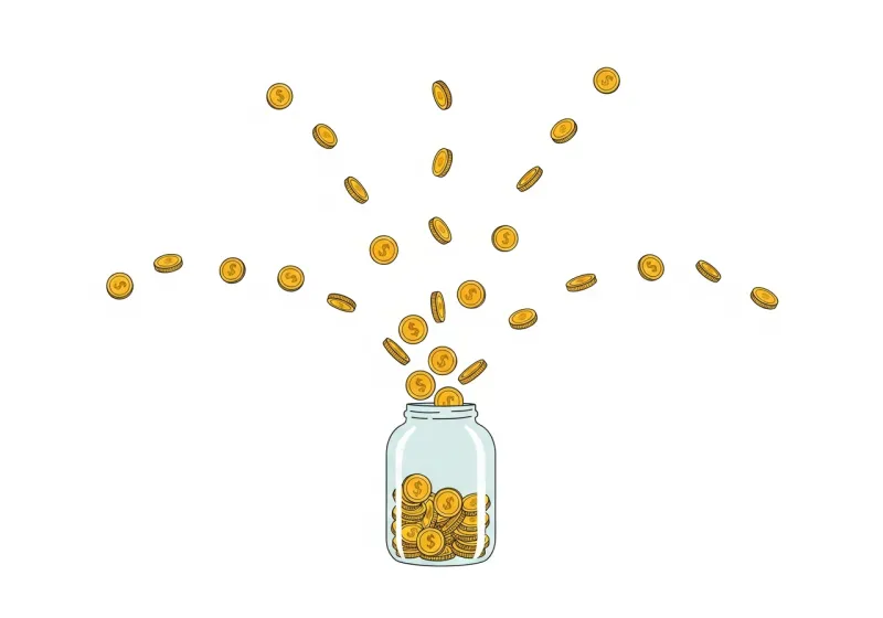 複数の小さなコインの流れが1つの貯金瓶に集まっていくイラスト