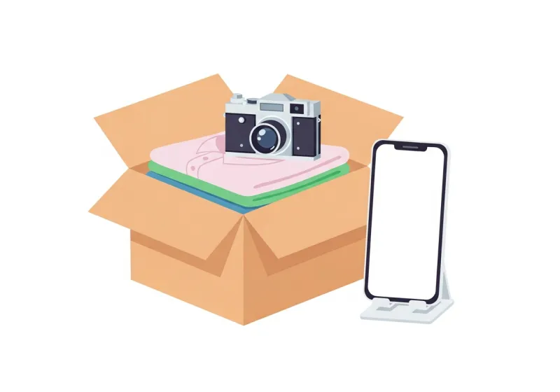 服やカメラなどの不用品を段ボール箱に入れ、スマホで出品しようとするイラスト