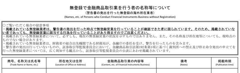 金融庁が公開している無登録の海外所在業者の一覧の冒頭。掲載されていない者であっても無登録営業に該当する行為を行っていることがあり得るという留意事項が太字で書かれている