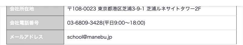 GFSの特定商取引法に基づく表示ページ。会社所在地が東京都港区芝浦3-9-1芝浦ルネサイトタワー2F、会社電話番号が03-6809-3428、メールアドレスがschool@manebu.jpと記載されている