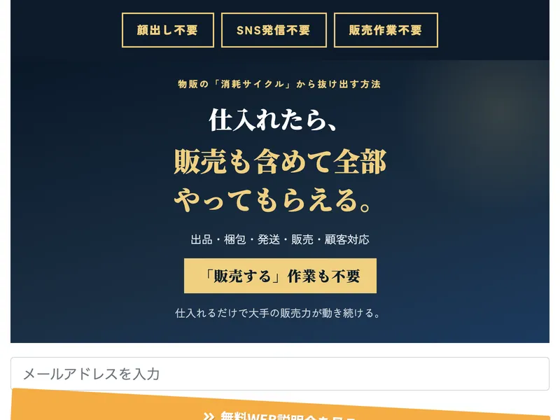 銀座パリス丸投げラク物販の広告ページ。「顔出し不要」「SNS発信不要」「販売作業不要」と表示されている