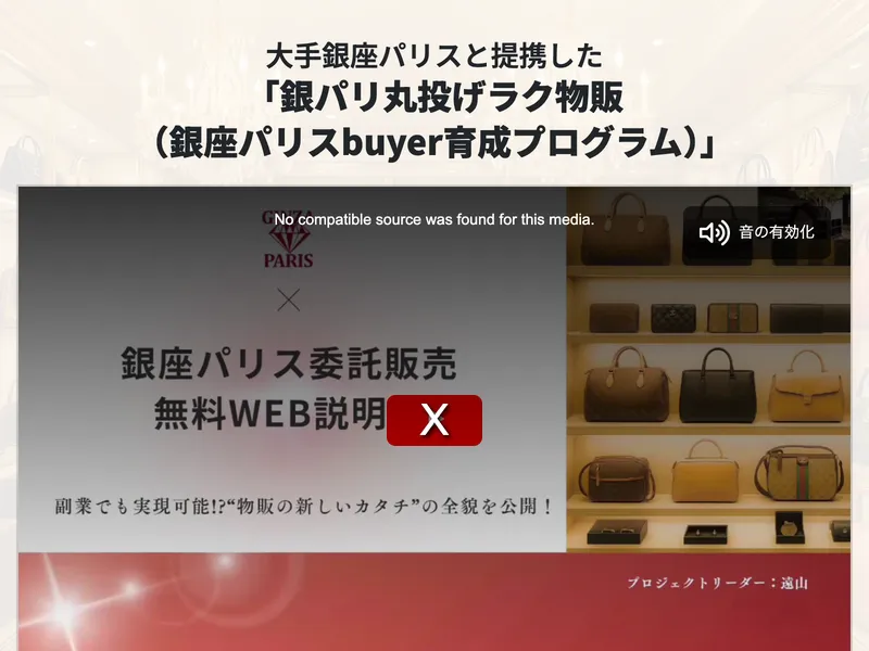 銀座パリス丸投げラク物販の広告。「銀パリ丸投げラク物販」「銀座パリス委託販売 無料WEB説明会」と書かれた動画が埋め込まれている