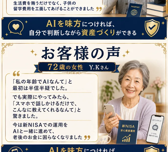 72歳の女性Y.Kさんが「次はあなたの番です」と紹介されているグローバルAIアカデミーのお客様の声