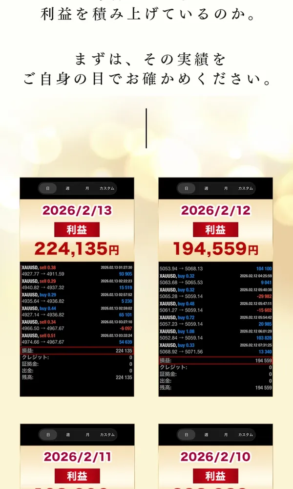 2026年2月13日に利益224,135円、2月12日に194,559円と表示されたトレード画面