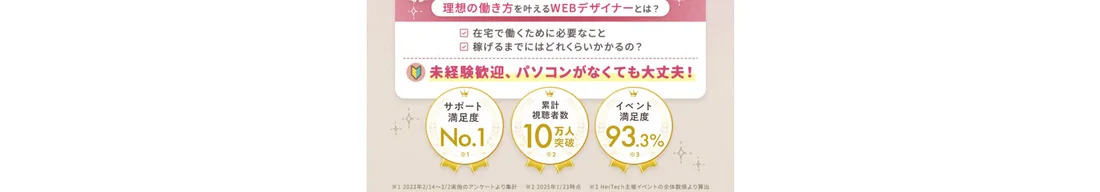 career.weruby.jpの広告に表示されていた「サポート満足度No.1」「累計視聴者数10万人突破」「イベント満足度93.3%」という3つのバッジと出典の注釈