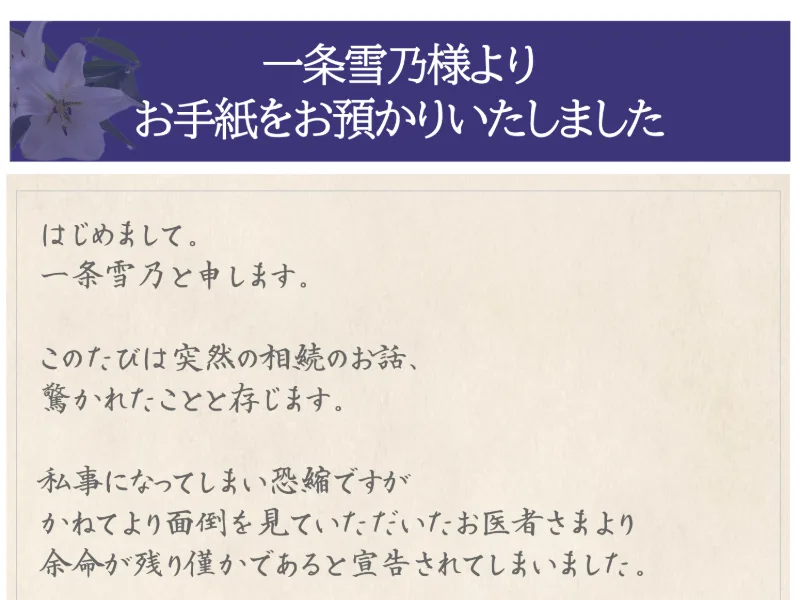 はじめまして一条雪乃と申しますと始まり代々資産家としてユニセフや赤十字世界中の難民団体を支援してきたと語る手紙形式の広告画面