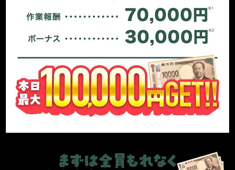 「作業報酬70,000円」「ボーナス30,000円」「本日最大100,000円GET!!」と書かれた株式会社8の広告