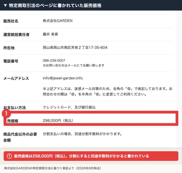 特定商取引法のページ。販売する会社と責任者の名前が並び、赤枠の行に税込の販売価格が書かれている