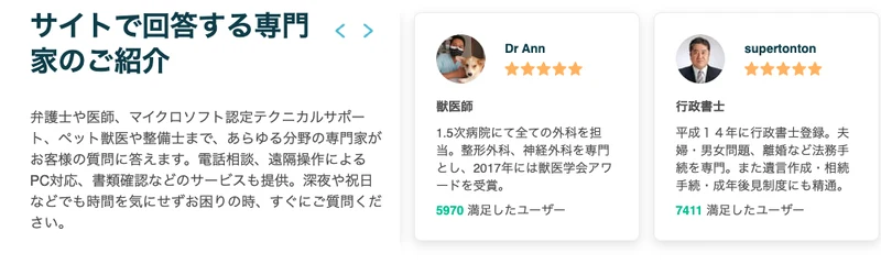 ジャストアンサーで回答する専門家の紹介。獣医師や行政書士などがプロフィールと評価つきで並んでいる