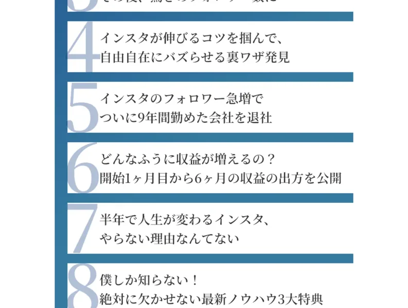 広告ページに並ぶ「半年で人生が変わる」「収益の出方を公開」といった謳い文句のステップ一覧