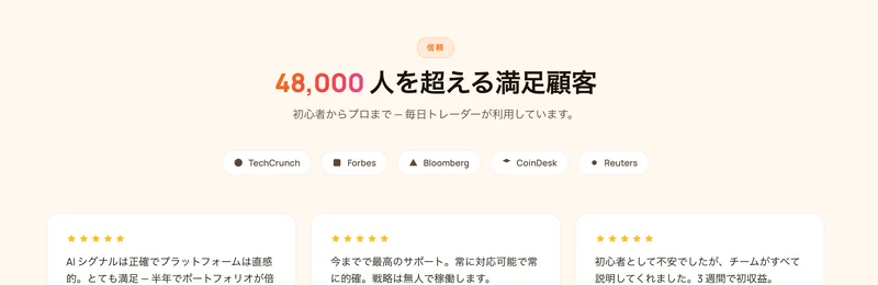 「なぜKaiveruなのか」というセクションと、48,000人を超える顧客がいるという表示、TechCrunchやForbesなどのロゴが並んだ画面
