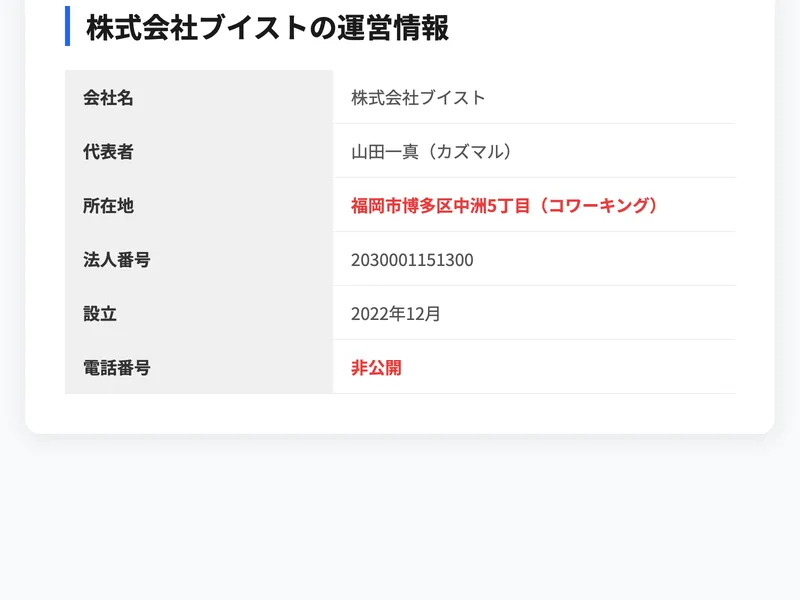 株式会社ブイストの会社概要と所在地が記載された運営情報の画面