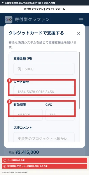 「クレジットカードで支援する」という見出しの下に、支援金額・カード番号・有効期限・CVCの入力欄が並ぶ画面。カード番号とCVCの欄に赤枠の注釈が付いている