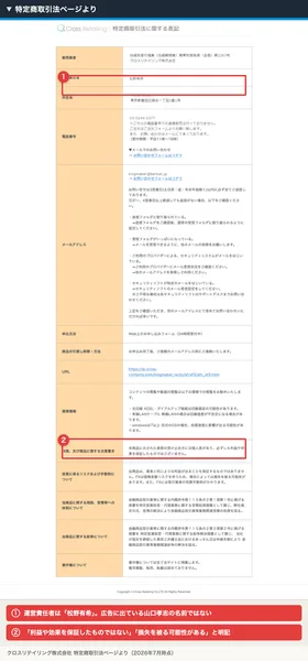 特定商取引法ページの抜粋。運営責任者が「松野有希」となっていること、損失を被る可能性があると明記されていることに注釈を付けた図解