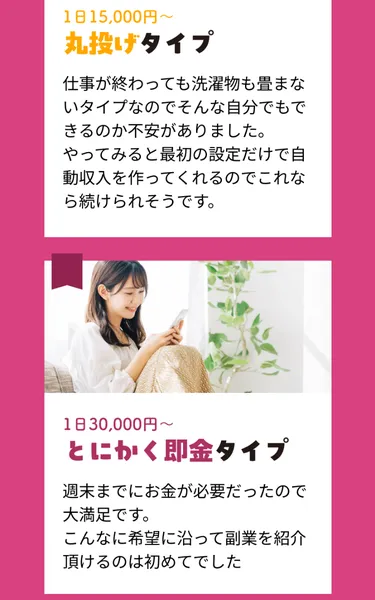 「丸投げタイプ 1日15,000円〜」「とにかく即金タイプ 1日30,000円〜」と感想が掲載されている