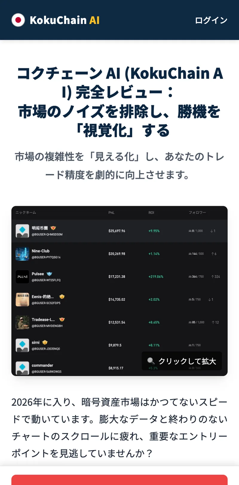 コクチェーンAIの公式サイト。暗号資産市場の勝機を視覚化すると謳う完全レビュー風のページで、他人のニックネームと利益額を並べた実績レポートが載っている
