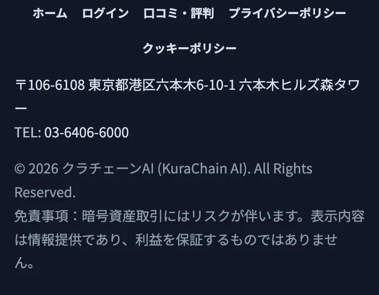 クラチェーンAIの公式サイトのフッター。六本木ヒルズの住所と電話番号、「利益を保証するものではありません」という免責事項だけで、運営会社名や責任者の記載はない
