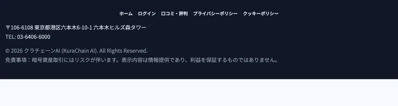クラチェーンAIの公式サイト最下部。六本木ヒルズの住所と電話番号、免責事項だけが並び、特定商取引法に基づく表記も会社概要のリンクも無い