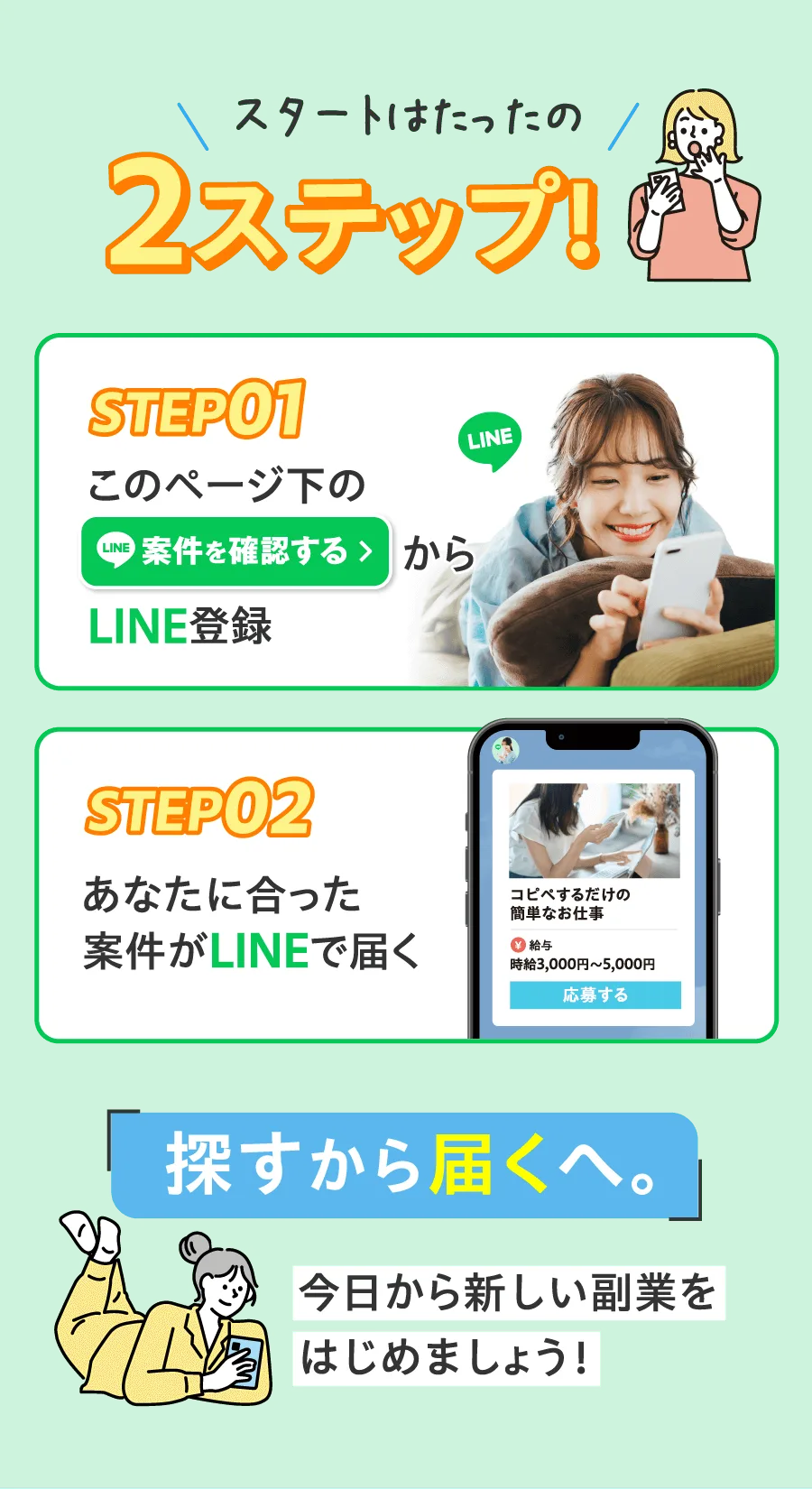 「スタートはたったの2ステップ！」という案内。STEP01「このページ下のボタンからLINE登録」、STEP02「あなたに合った仕事がLINEで届く」と、その先に表示される仕事の一例が並んでいる