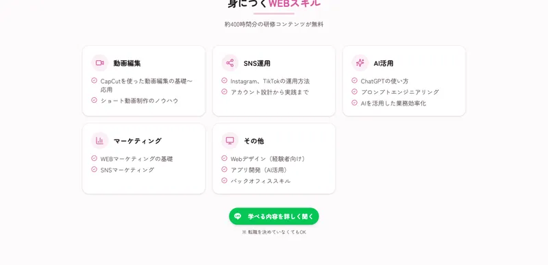 動画編集やSNS運用AI活用マーケティングなど約400時間分の研修コンテンツが無料で学べると案内する株式会社ラフラインの広告