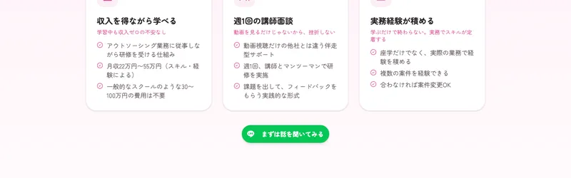 収入を得ながら学べる理由としてアウトソーシング業務に従事しながら研修を受ける仕組みで月収22万円〜55万円スキル経験によると記載する株式会社ラフラインの広告