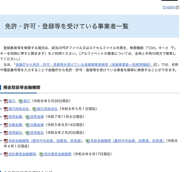 金融庁の免許・許可・登録等を受けている業者一覧のページ。金融商品取引業者等の一覧がPDFやエクセルで公表されている