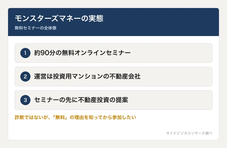 モンスターズマネーは無料の90分セミナーだが、運営は不動産会社で、先に不動産投資の提案があることを示した図